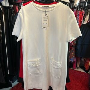 Zara XL suede white dress shift with pockets NWT